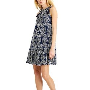 Taylor Navy Eyelet Embroidered A-Line Sleeveless Dress w/ Scalloped Trim Size 14